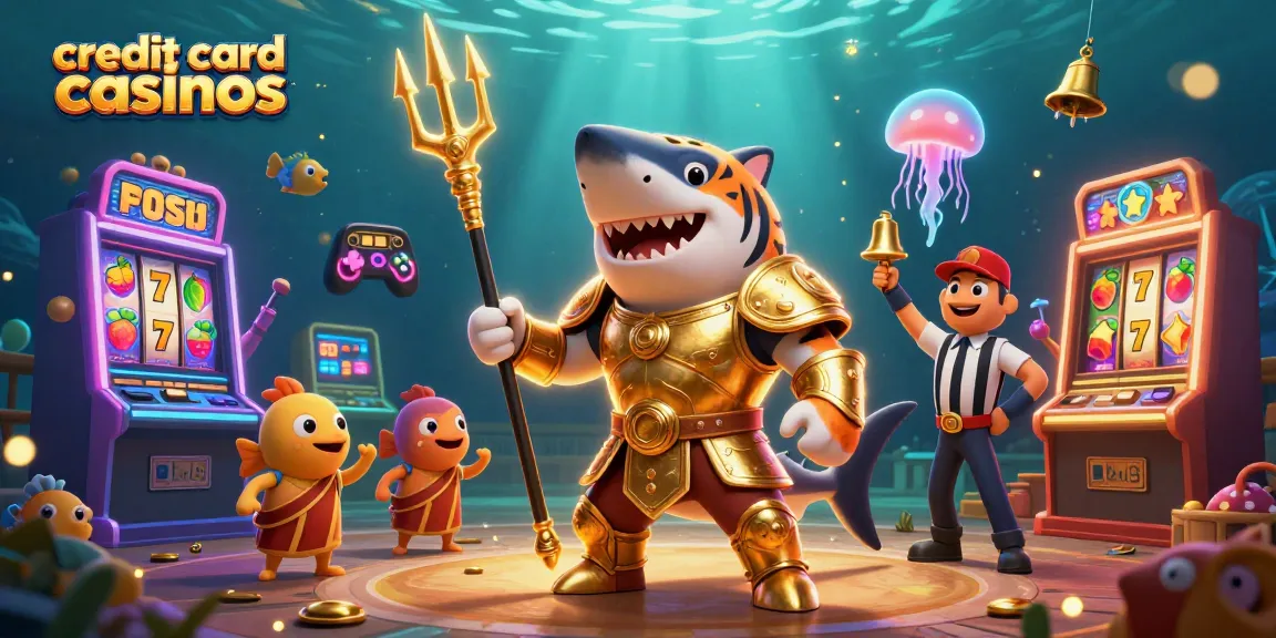 Experience the excitement of credit card casinos with a dynamic scene of a shark gladiator in a colorful underwater colosseum.