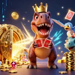 llwin players stack golden chips in a vibrant 3D casino adventure with a lively dinosaur theme