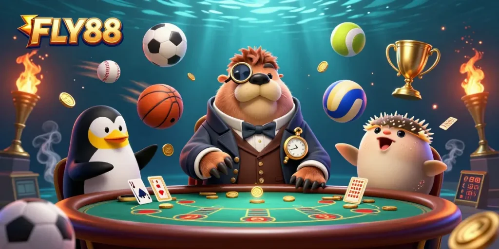 Experience thrilling underwater poker with FLY88’s jolly walrus, sophisticated dealer, and playful pufferfish.