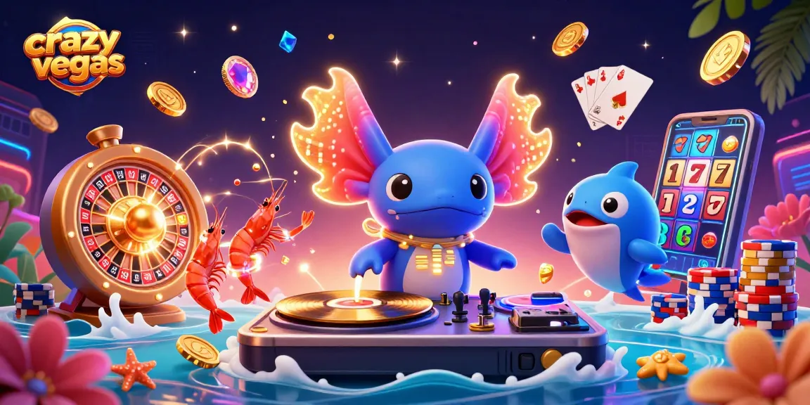 crazyvegas brings excitement alive with a vibrant DJ axolotl and glowing gaming elements.