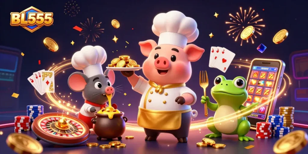 Win big with BL555 as a 3D cartoon chef pig serves gold coins in a vibrant casino scene.