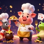 Win big with BL555 as a 3D cartoon chef pig serves gold coins in a vibrant casino scene.