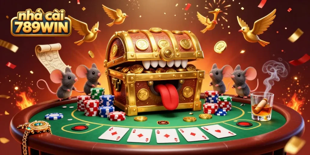 Engage with nhà cái 789WIN to explore a vibrant 3D casino scene filled with treasures and poker riches.