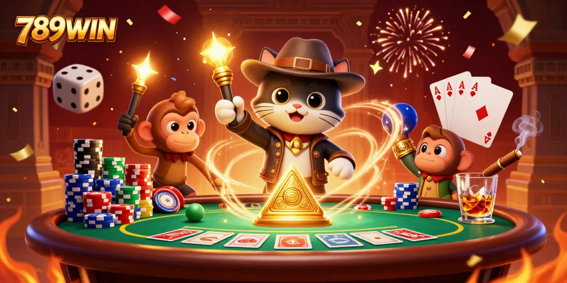 Engage in exciting gameplay at 789WIN with a 3D illustration depicting an archaeologist cat discovering casino treasures.