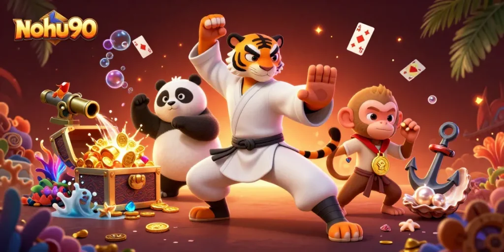 Nohu90 engages players with exciting games in a vibrant, detailed casino-themed illustration featuring immersive characters and bonuses.
