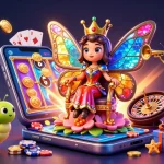 open88 showcases a vibrant casino scene with a butterfly queen amidst joyfully spinning reels and golden coins