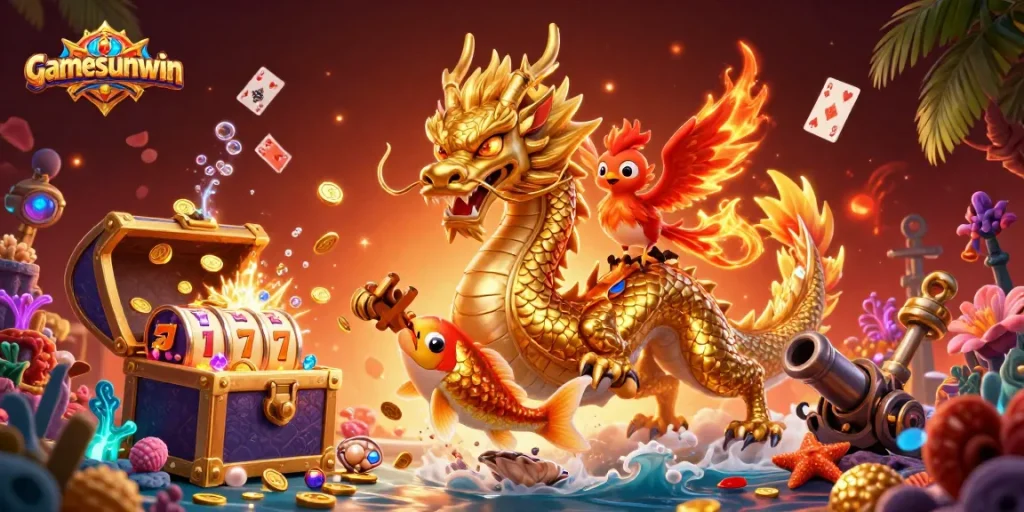 Experience thrilling gameplay with gamesunwin's vibrant casino scene featuring a golden dragon and magical elements.