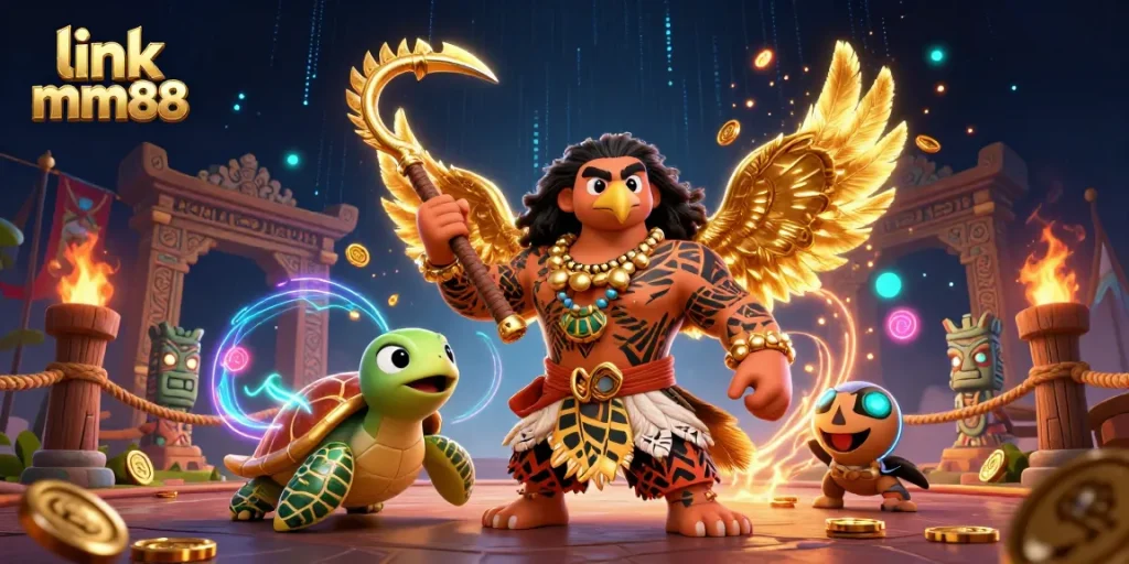 Experience thrilling gameplay at link mm88 with a vibrant 3D casino scene featuring a demigod and exciting visuals.