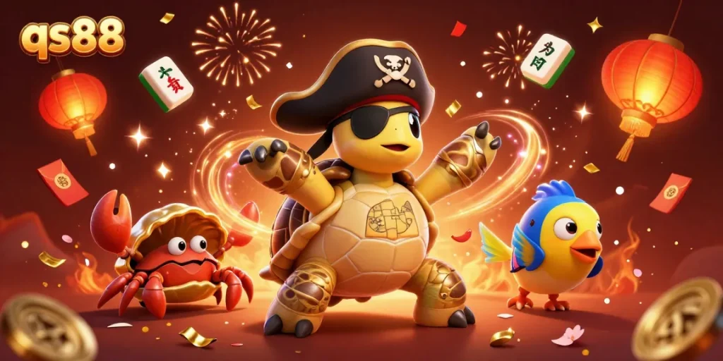 Experience the excitement of qs88 with cartoon characters in a vibrant casino-themed illustration.