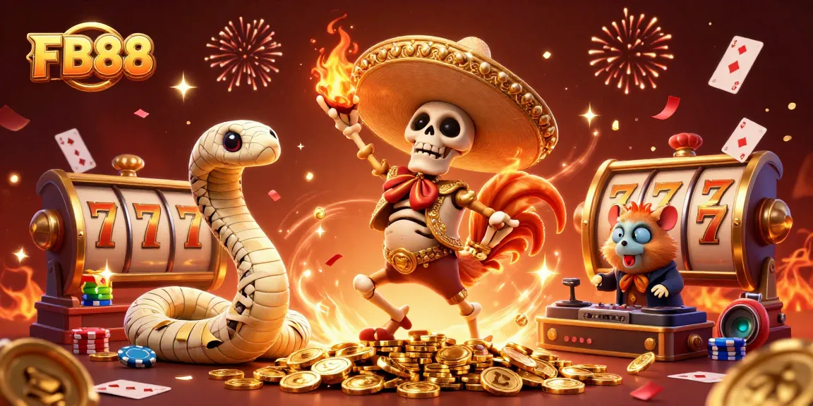 Celebrating wins at FB88 with a lively illustration of a mariachi rooster, mummy snake, and DJ hamster.