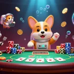Engage in thrilling bk8 casino adventures with a 3D astronaut corgi navigating a lively space casino.