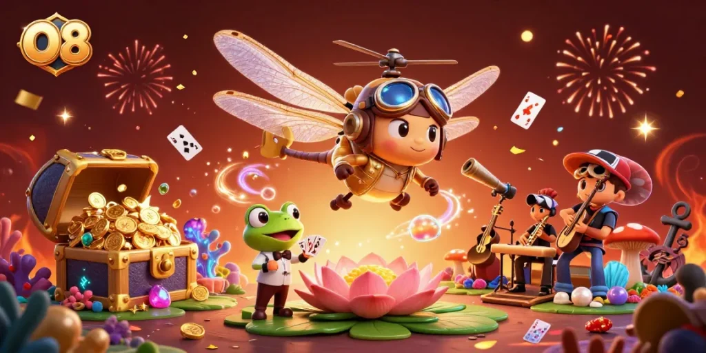 Engage in thrilling gameplay at O8 with vibrant 3D illustration of unique casino characters.