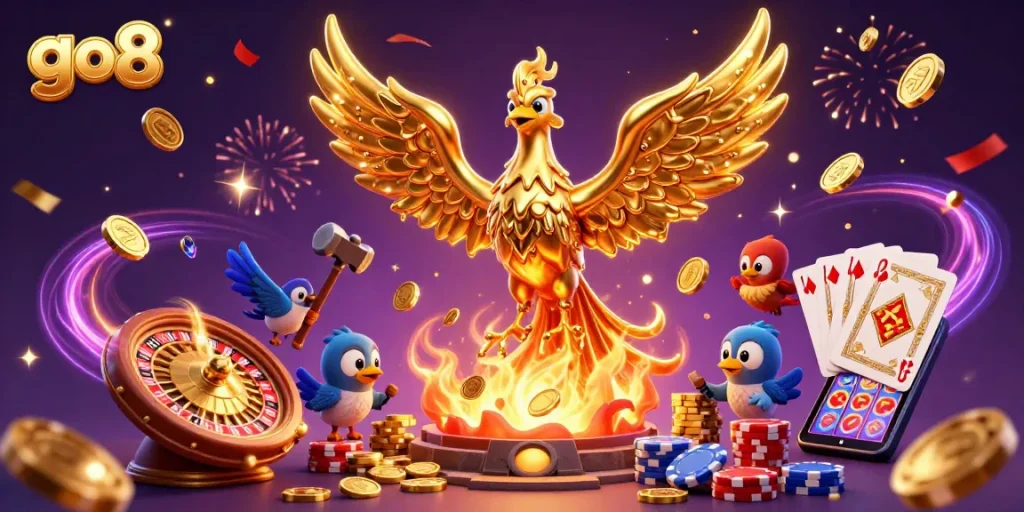 Experience go8's thrilling casino adventures with a golden phoenix and dynamic gaming elements.