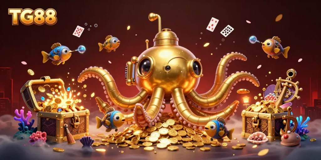 Experience the thrill of winning at TG88 with vibrant slot games amidst gold coins and underwater treasures.