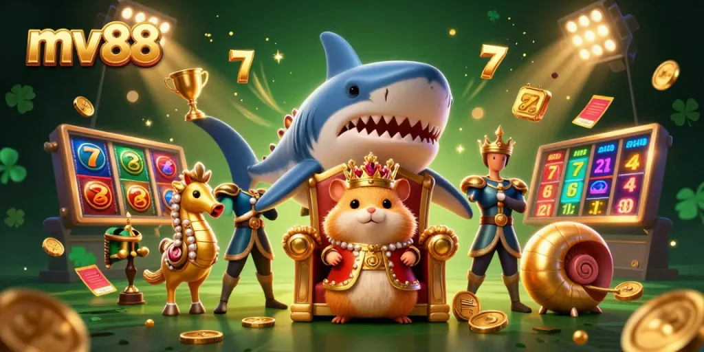 Experience the thrills of mv88 with a dynamic 3D illustration featuring vibrant casino elements and characters.