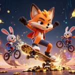 XOSO66 showcases a dynamic scene with a skateboarder fox and BMX rabbit amidst casino-themed elements.