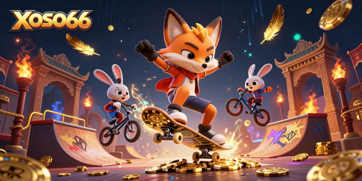 XOSO66 showcases a dynamic scene with a skateboarder fox and BMX rabbit amidst casino-themed elements.