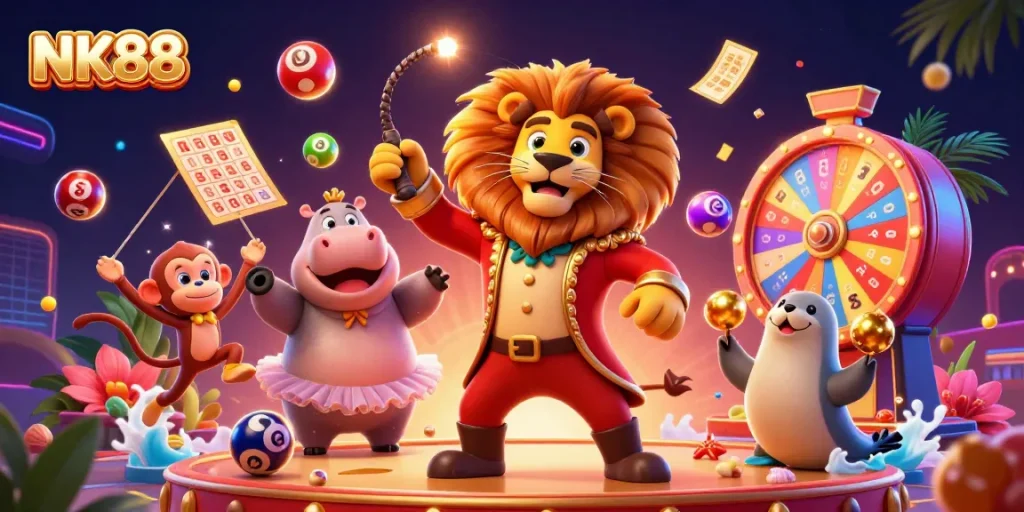 Experience the thrill of winning with NK88 in this vibrant casino scene featuring lively characters and exciting game elements.