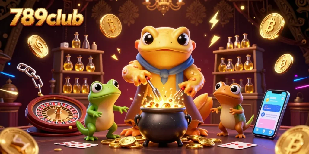Experience excitement with 789club's vibrant alchemical scene depicting gold coin transformation in a thrilling casino setting.