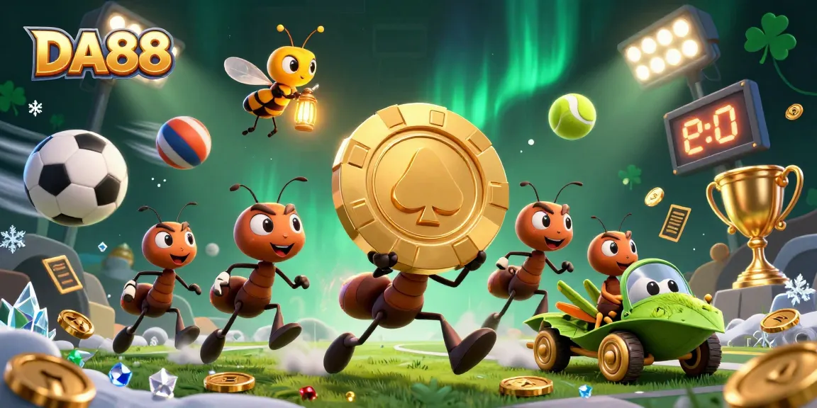 Engage with DA88's exciting sports betting scene featuring dynamic ants and a grasshopper getaway driver.