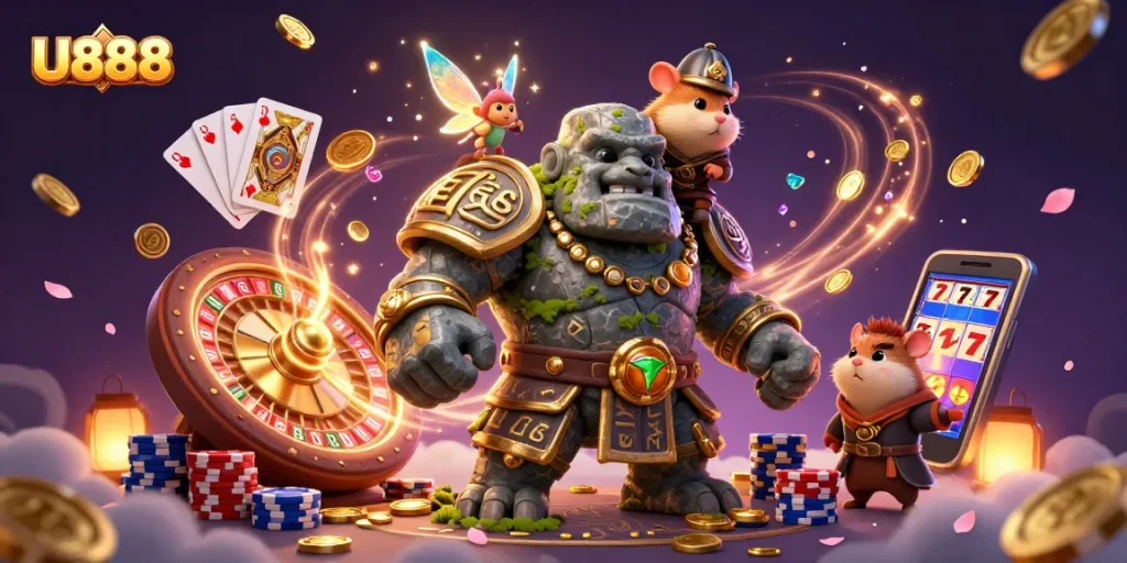 Engage with U888's thrilling gaming atmosphere depicted through a magical scene with a golem, fairy, and a hamster knight.