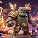 Engage with U888's thrilling gaming atmosphere depicted through a magical scene with a golem, fairy, and a hamster knight.