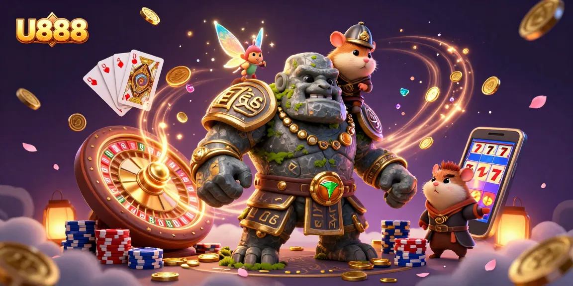 Engage with U888's thrilling gaming atmosphere depicted through a magical scene with a golem, fairy, and a hamster knight.