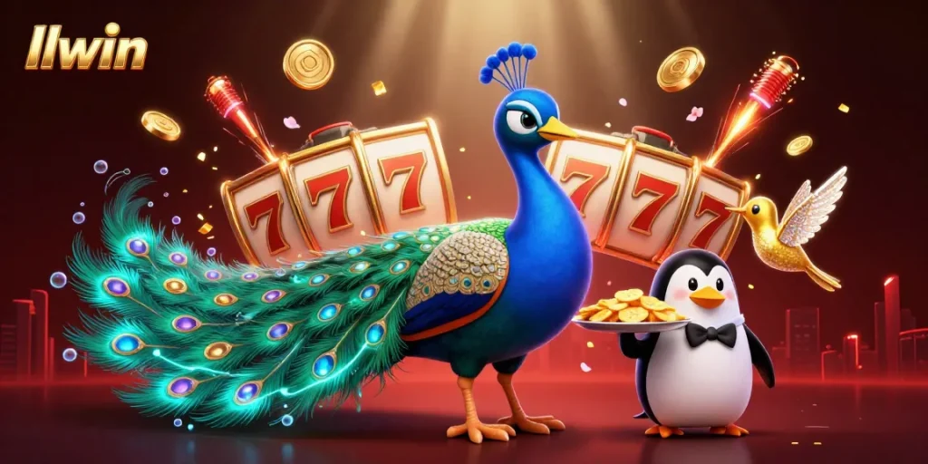 Experience exhilarating play at llwin, with a lively 3D casino scene filled with vibrant characters and slot game elements.