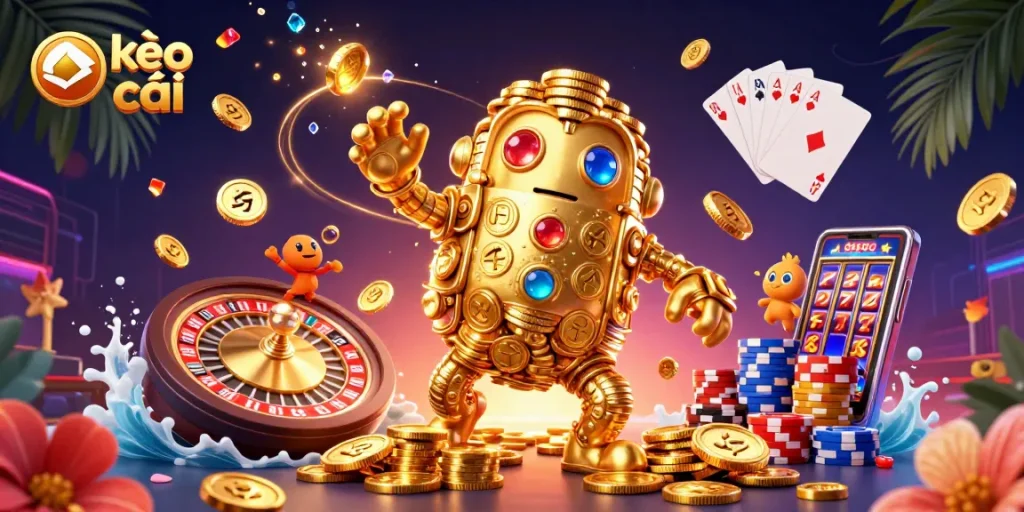 Bet on kèo nhà cái with a golden golem surrounded by coins and a vibrant casino atmosphere.