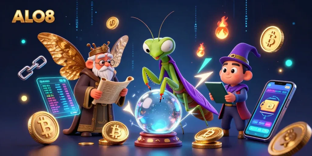 Experience the excitement of ALO8 with a magical scene of fortune tellers and crypto elements.