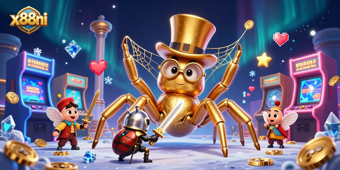 Join the adventure at x88ni with a giant tarantula and beetle knight in a lively casino scene.